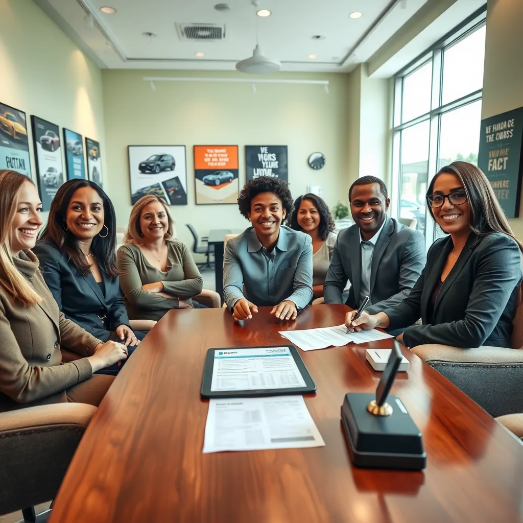 A friendly car dealership office setting where a diverse group of smiling customers is engaged in a discussion with a professional finance advisor. The office has a modern, open design with large windows letting in natural light that creates a welcoming atmosphere. The color palette features soft greens and warm browns, reflecting a sense of trust and comfort. The focus is on an elegant wooden desk with financial documents and a tablet displaying financing options. Various automotive posters and inspirational quotes decorate the walls. The camera is positioned at eye level, creating an intimate and inviting feeling. Textures include polished wood, soft upholstery of chairs, and sleek electronic devices. The image is in the style of lifestyle photography, promoting a feel-good moment. Render in high resolution, ensuring clarity and detail in every aspect of the scene.