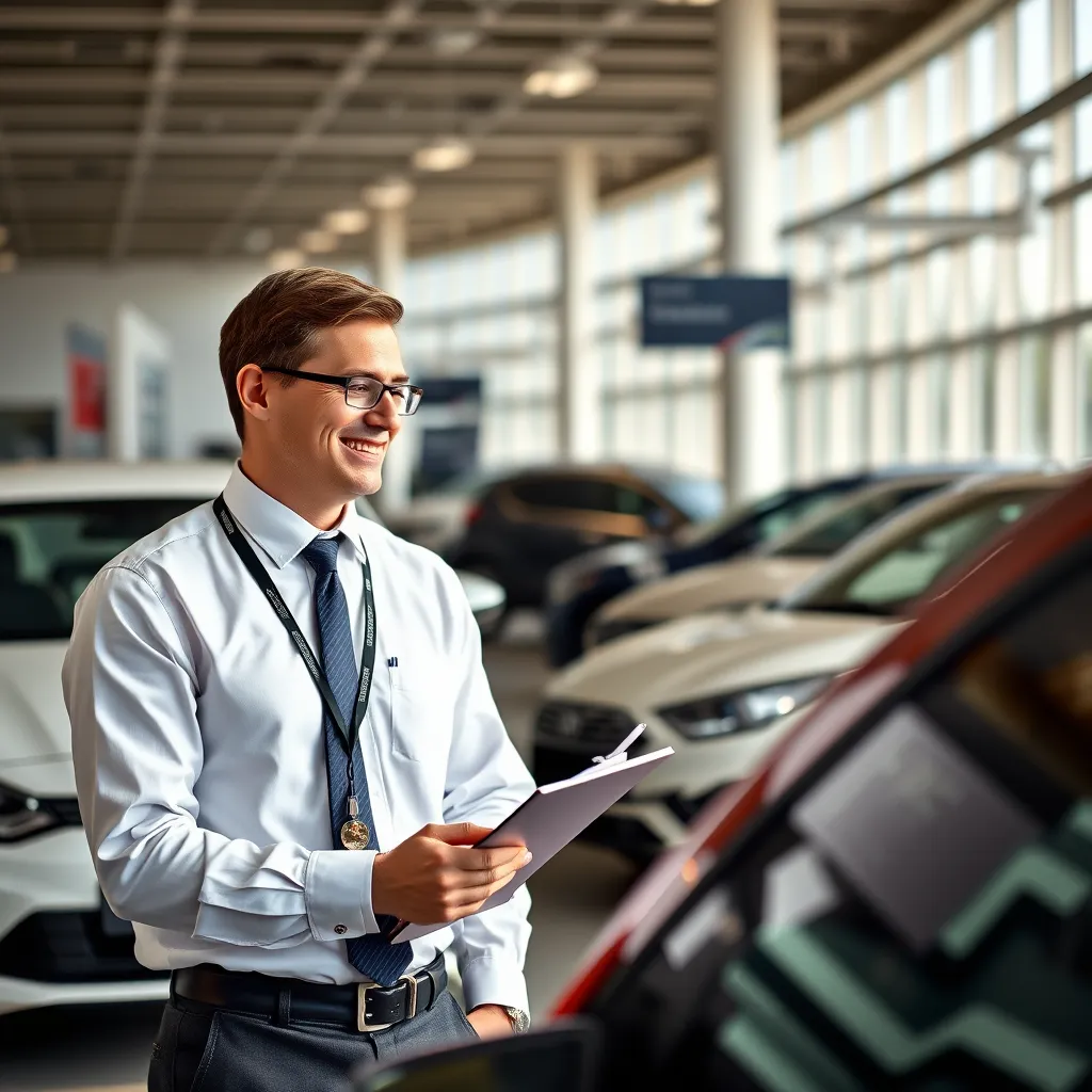 A friendly car sales representative at a dealership, engaging with a customer in a bright, modern showroom filled with various cars. The representative is smiling and holding a clipboard, while the customer appears curious and interested, creating a welcoming atmosphere.