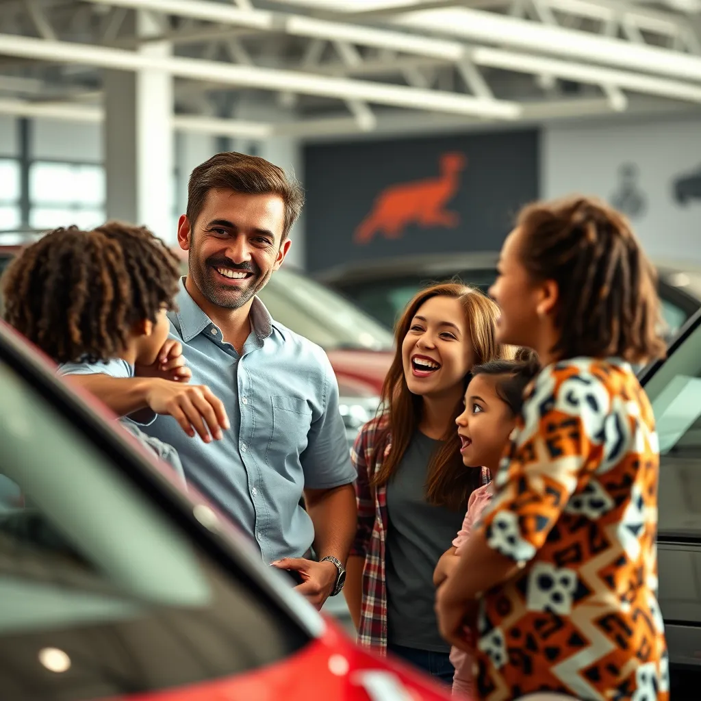 A friendly car salesperson interacting with a diverse family at a car dealership. The salesperson is smiling and pointing at a vehicle while the family looks excited. The dealership's interior should be modern and welcoming, with cars on display in the background.