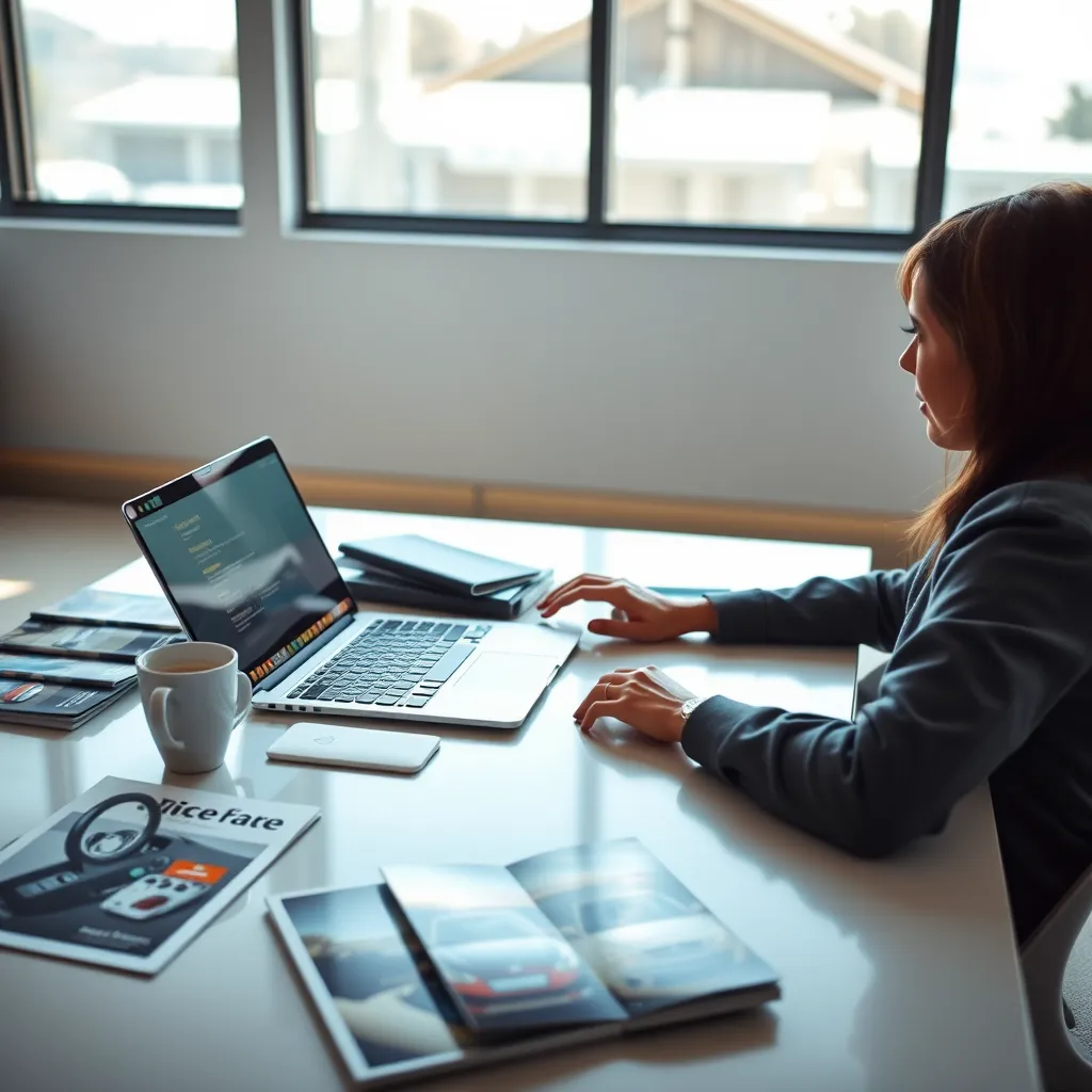 A person sitting at a desk with a laptop open, researching cars online. Beside them, there are various car brochures and a coffee cup. The room is well-lit, with a large window showing a bright day outside, creating a focused and organized atmosphere.