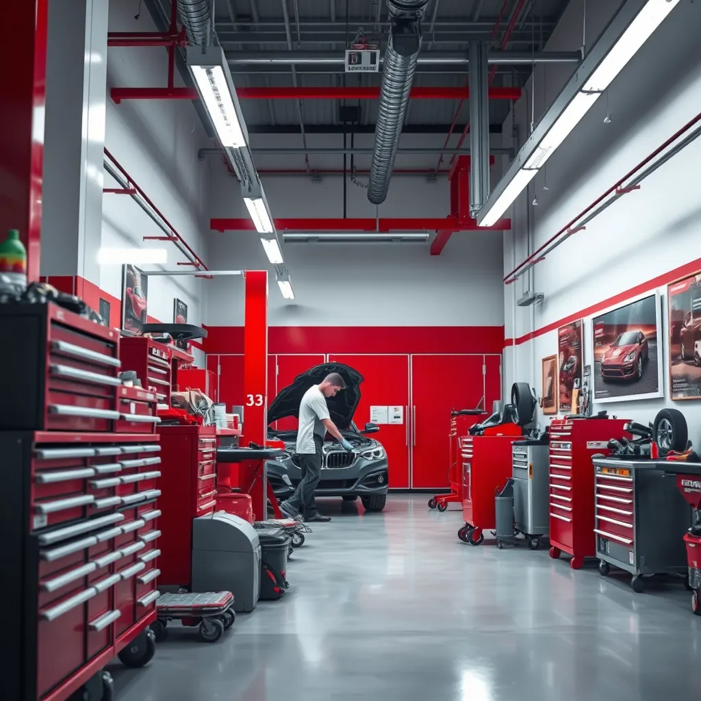 An automotive service bay showcasing an experienced technician working on a car under bright, white lighting that illuminates every corner of the space. The workshop is equipped with state-of-the-art tools and clear organization, with toolboxes lined up and a variety of parts neatly displayed. The color palette consists of vibrant reds, cool whites, and metallic grays, contributing to a clean, professional look. The scene is shot from a slightly elevated angle, allowing visibility of both the technician and the vehicle under maintenance. Textures include the gleaming chrome of the tools and the rugged surface of the car's body. Background elements feature inspiring car posters and a bulletin board displaying service specials. In the style of industrial photography, focusing on action and expertise. Render in ultra-detailed format, capturing the essence of a busy yet efficient workshop.