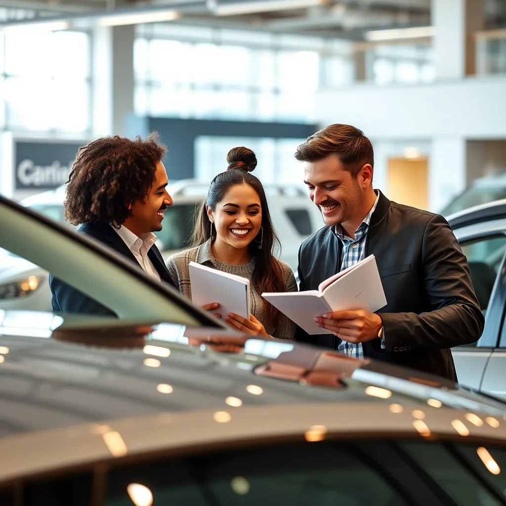 An engaging scene inside a car dealership with a friendly salesperson helping a diverse couple explore vehicle options. The couple appears excited while examining the features of a car. Include brochures and a modern customer lounge in the background.