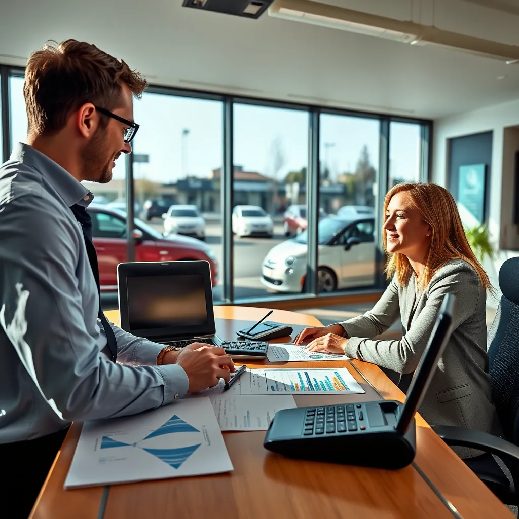 An inviting finance office within a car dealership with a consultant discussing financing options with a young professional. Display charts and calculators on the desk, along with a friendly atmosphere. Incorporate a window showing cars in the lot outside.